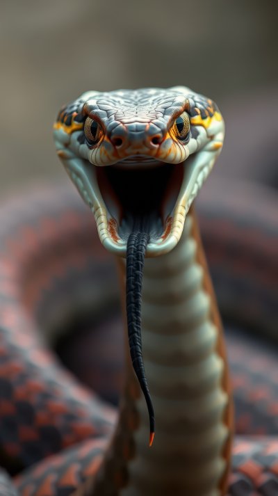 Close-up of a brightly colored snake displaying its forked tongue in a natural habitat