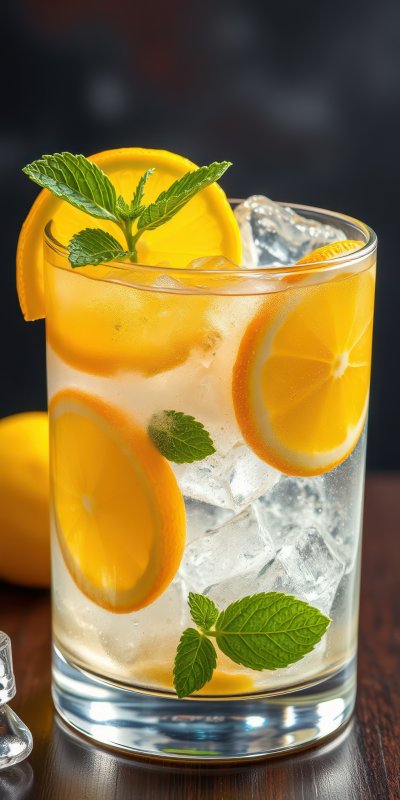 Refreshing lemon drink garnished with mint served over ice in a glass on a wooden table