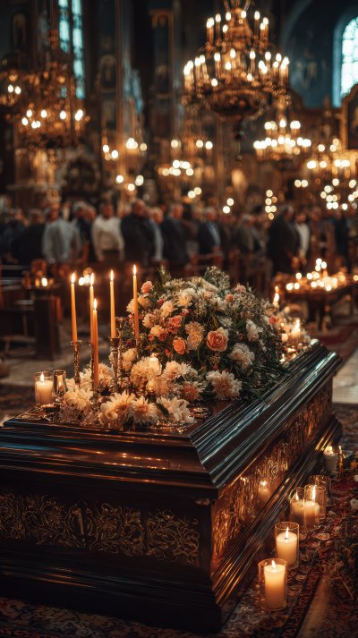 A Casket With Flowers And Candles On It. A Group De82c7e8 Db7e 489e 89d0 10d03a6cb707 2 Gigapixel Standard 6x