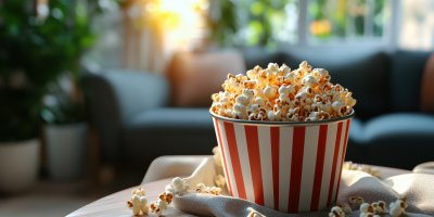 A Striped Bucket Of Popcorn Sits On A Table In A 081942a4 E051 489a Be00 7d77006f914d 0 Gigapixel Standard 6x