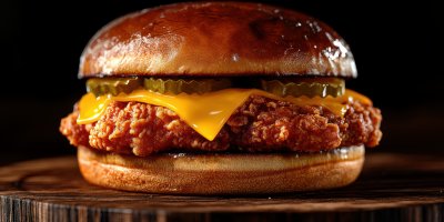 American Style Burger Sandwich Consisting Of Fried Chicken And Slices Of Cheese With Distinctive Sauce And Many Other Ad 1737447183 Gigapixel Standard 6x