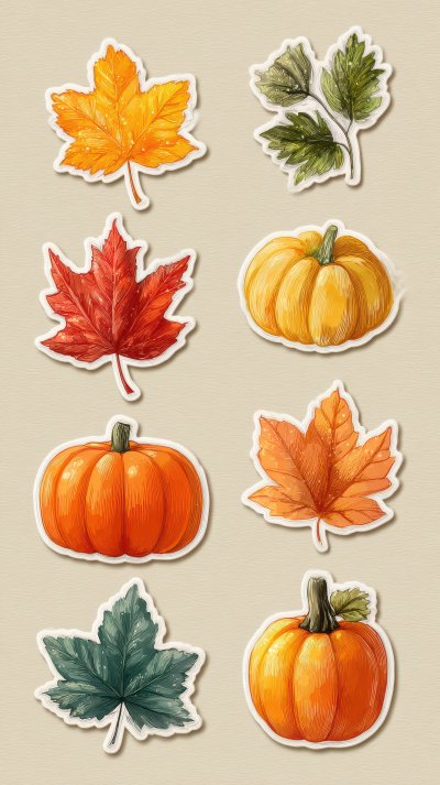 Autumn Sticker Set With Leaves And Pumpkins. Tha 0cfb4d3d Dc36 4413 Adbd 7f1ecb3fb703 2 Gigapixel Standard 6x
