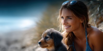 Bikini Girl Playing With Puppy On The Beach. Pupp 9a2fbefe 27fe 4afa 8119 B7bf0f111ede 2 Gigapixel Standard 6x