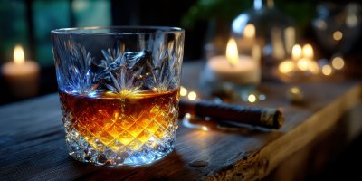 Brandy Glass With Ice On Wooden Background. Whisk 6259b3b4 0a7d 496b 8be2 4ca7a988b992 2 Gigapixel Standard 6x