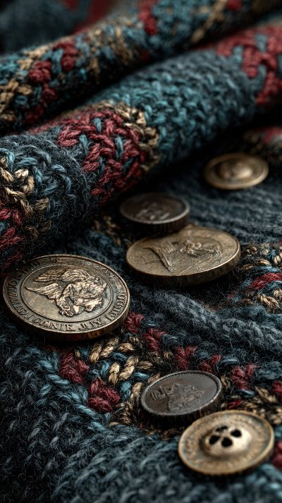 Close Up Knitted Scarf With Buttons And Coins. Je B6799f65 4663 48ba 9044 Cf040804fb87 1 Gigapixel Standard 6x