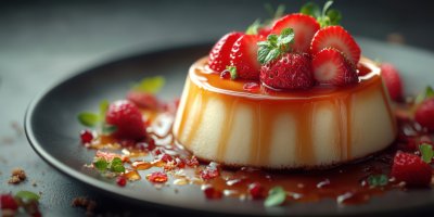 Creme Caramel Dessert With Strawberries. Creamy D 89a064ee 5bb7 4d2d A223 C7aa6f359436 1 Gigapixel Standard 6x