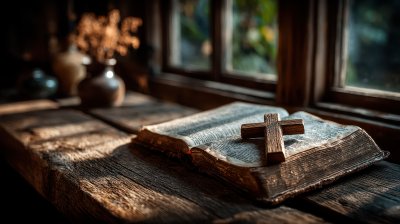 Cross Over Opened Bible On Wooden Table With Wind 60fde60c 1fdc 4306 Bac4 348f80b60a07 2 Gigapixel Standard 6x
