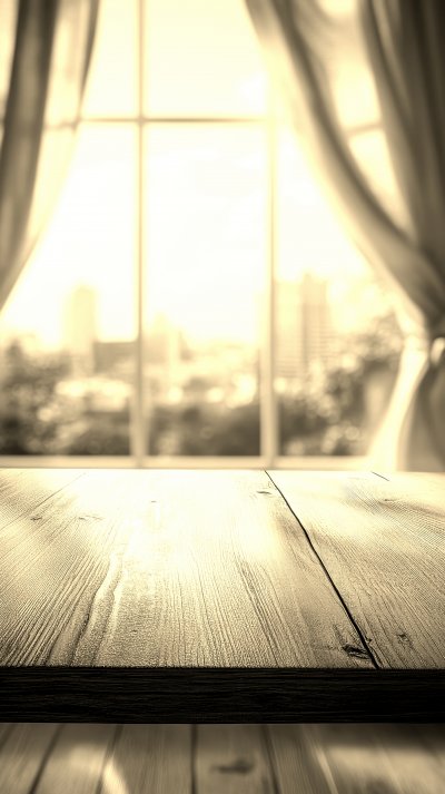Empty Top Of Wooden Table On Blurred Curtained Wind D318a88e 466e 433b B63d 4fdcca6acdf5 0 Gigapixel Standard 6x Sepia