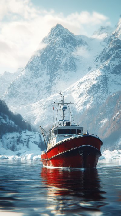Fishing Boat With Snowy Mountains On The Bac 5826749a 205a 4020 A431 285b4cafc688 1 Gigapixel Standard 6x