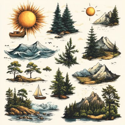 Hand Drawn Set Of Natural Elements Sun Trees Moun C953899a 9535 45e4 Bf29 D7b1ab34a8ef 3 Gigapixel Standard 6x