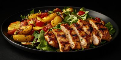 Potato With Greek Style Grilled Chicken Strips Salad With Chicken Ultra Realistic Photorealistic Ar 2 1 1736196427 Gigapixel Standard 6x