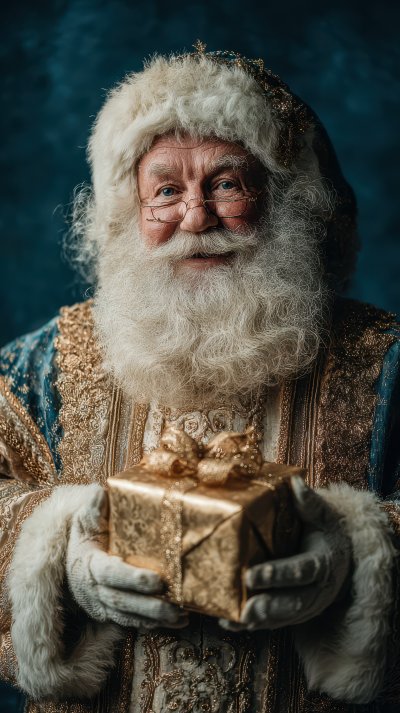 Santa Claus Holds A Gift In Gold Paper On A Dark B77ea928 251e 4521 A84b 7b61523b3ffc 1 Gigapixel Standard 6x