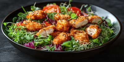 Spectacular Salad With Breaded Chicken Seeds Tomato And Sprouts Chicken Cheeseburger Ultra Realistic Photorealistic Ar 2 1737401753 Gigapixel Standard 6x