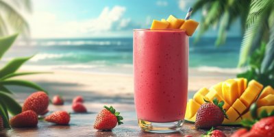 Refreshing tropical smoothie with strawberries and mango on a sunny beach