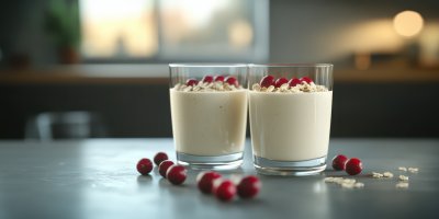 Two Glasses With Freshly Homemade Smoothie Of Yogurt Oatmeal And Cranberries On A Gray Table Healthy Eating Concept Imag 1736011029 Gigapixel Standard 6x