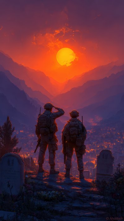 Two Soldiers Standing In A Cemetery At Sunset Hon Dde69fa2 25b5 43be Bcae 05fae8f075b3 2 Gigapixel Standard 6x