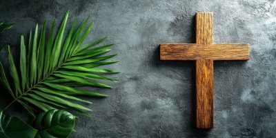 Wooden Cross And Palm Leaf On Grey Background. Ea 2315ae69 52e8 42d2 A59a 9bc8e7cf8e79 3 Gigapixel Standard 6x