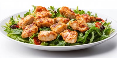 Grilled chicken salad served on a white plate with fresh greens and cherry tomatoes in a well-lit setting