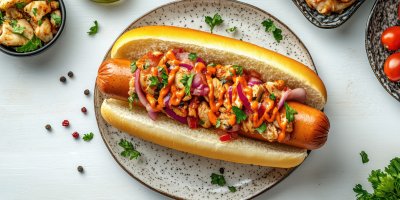 Hot Dog With Tomato In A Plate On A White Backgro 64d78322 28b9 4bad 985b 71785d76ecff 3 Gigapixel Standard 6x