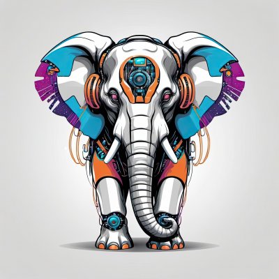 A white robotic elephant with colorful details stands in front of a gray background