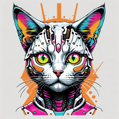 A colorful, futuristic cat with green eyes stares directly at th