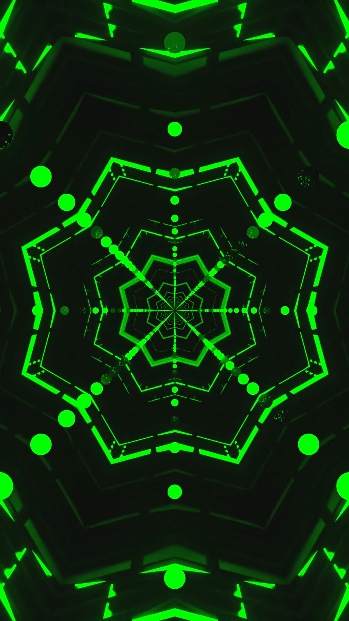 Seamless tunnel video vj loop with vibrant green patterns and symmetrical design for digital displays