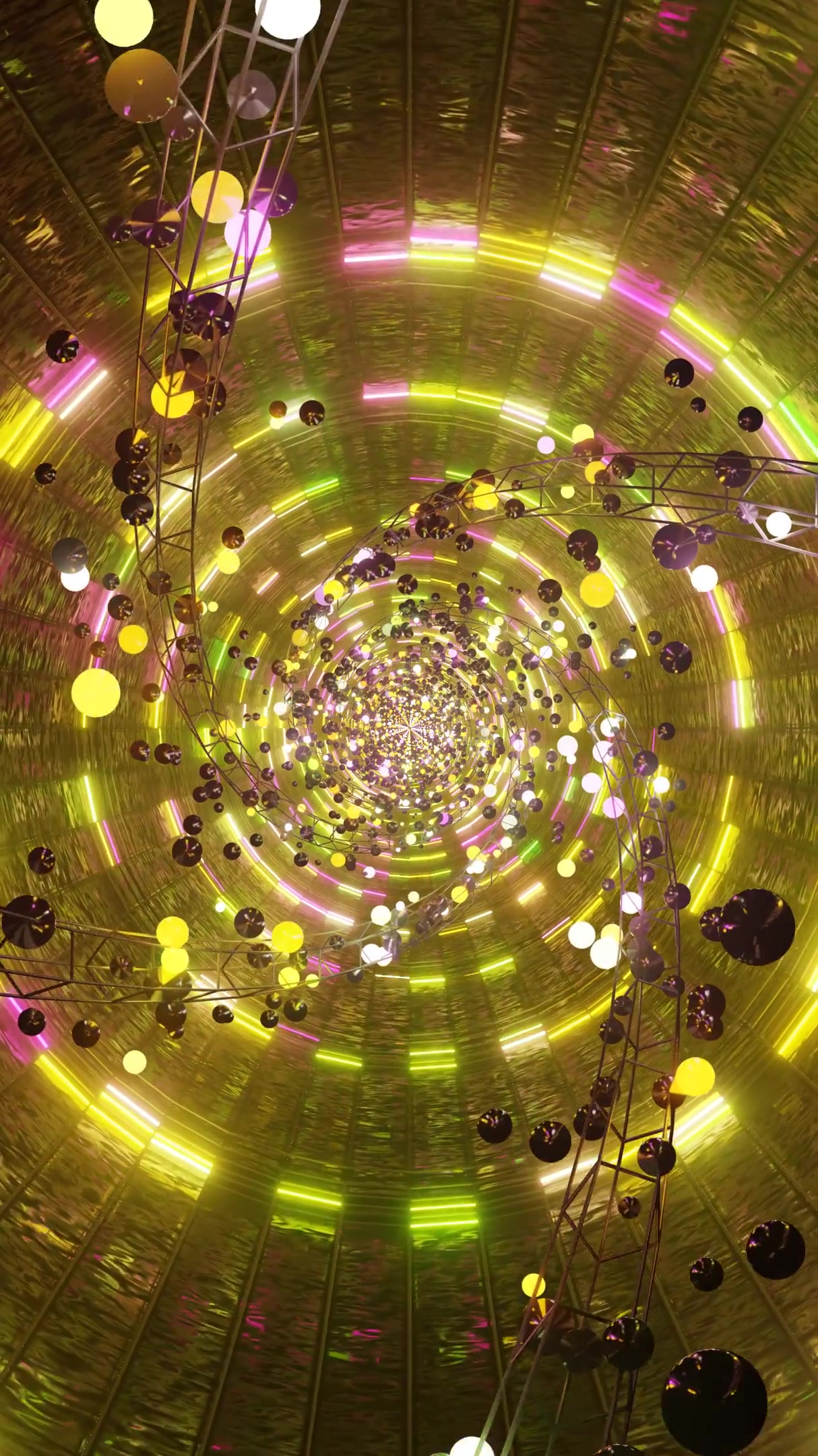 Vibrant tunnel video loop with colorful lights and reflective particles for a dynamic screensaver experience