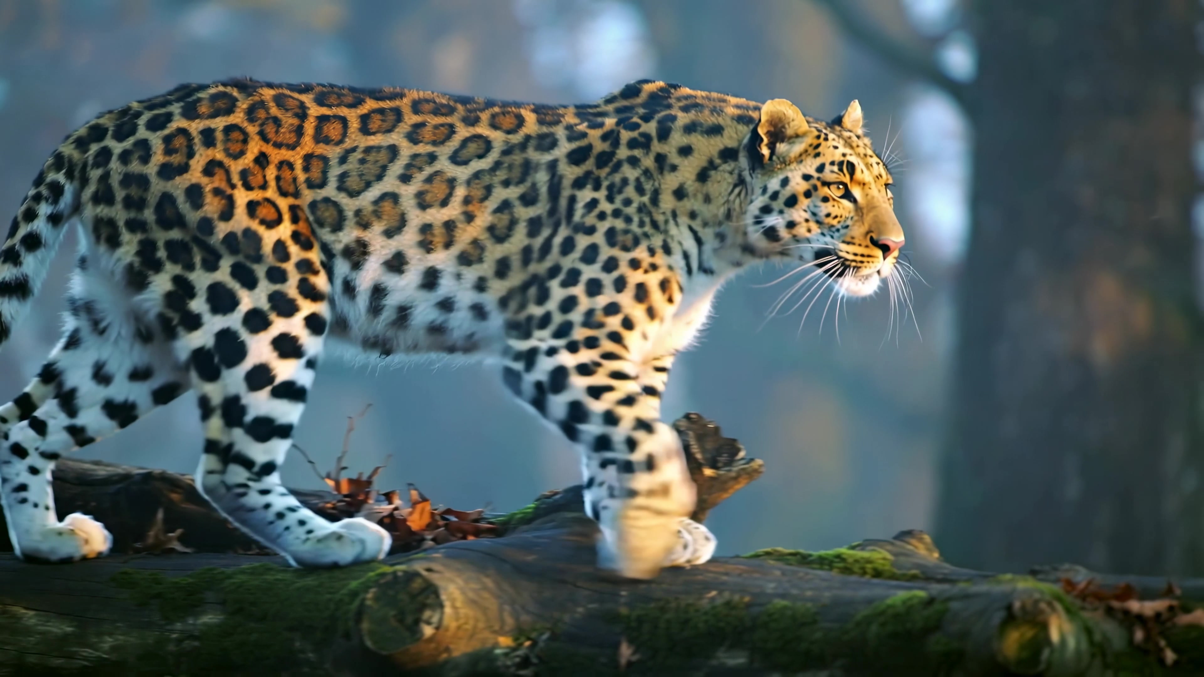 Leopard walking on logs in a forest during early morning light