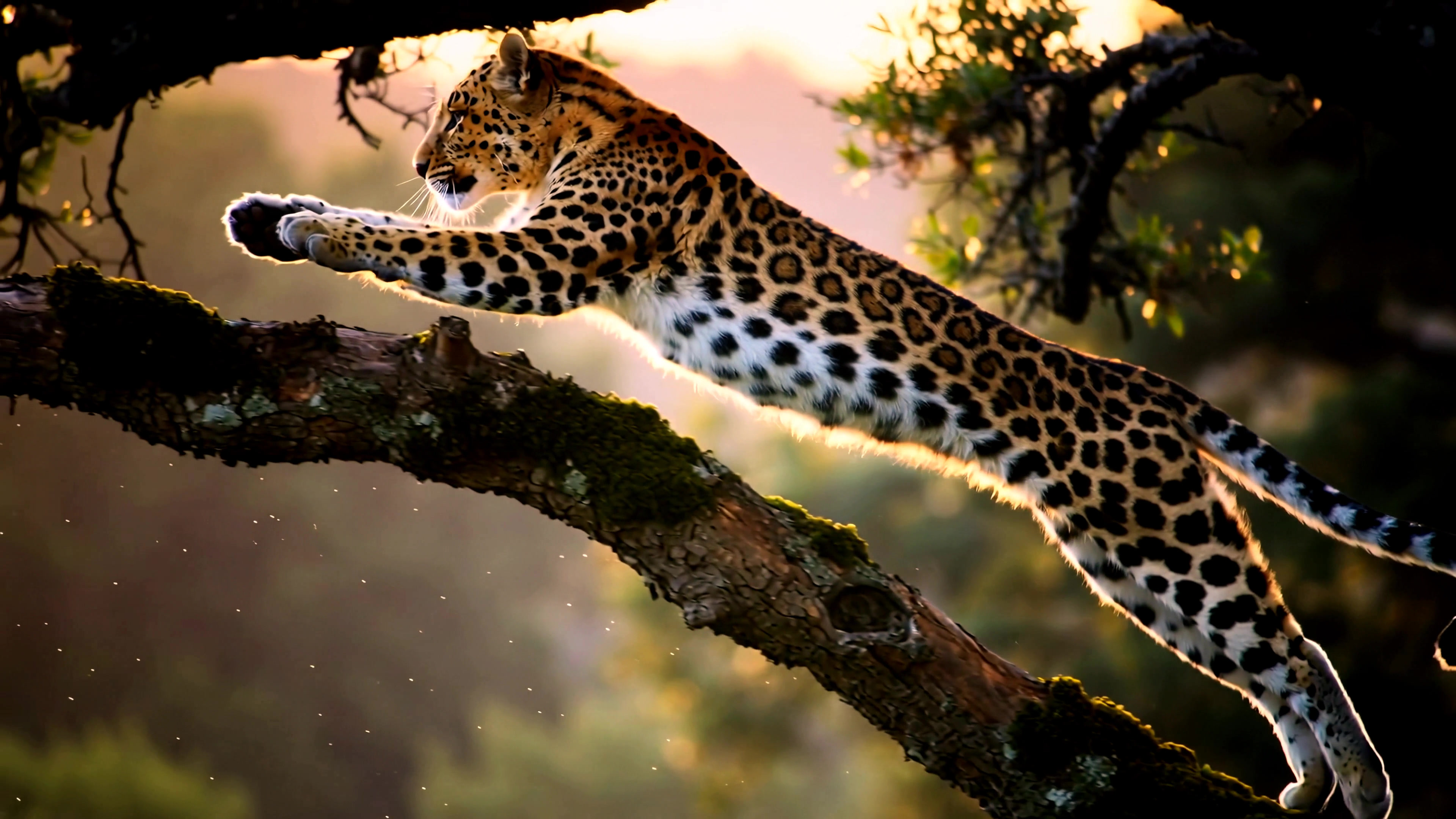 Leopard jumps from a tree branch in a forest during sunset in a video capturing wildlife action