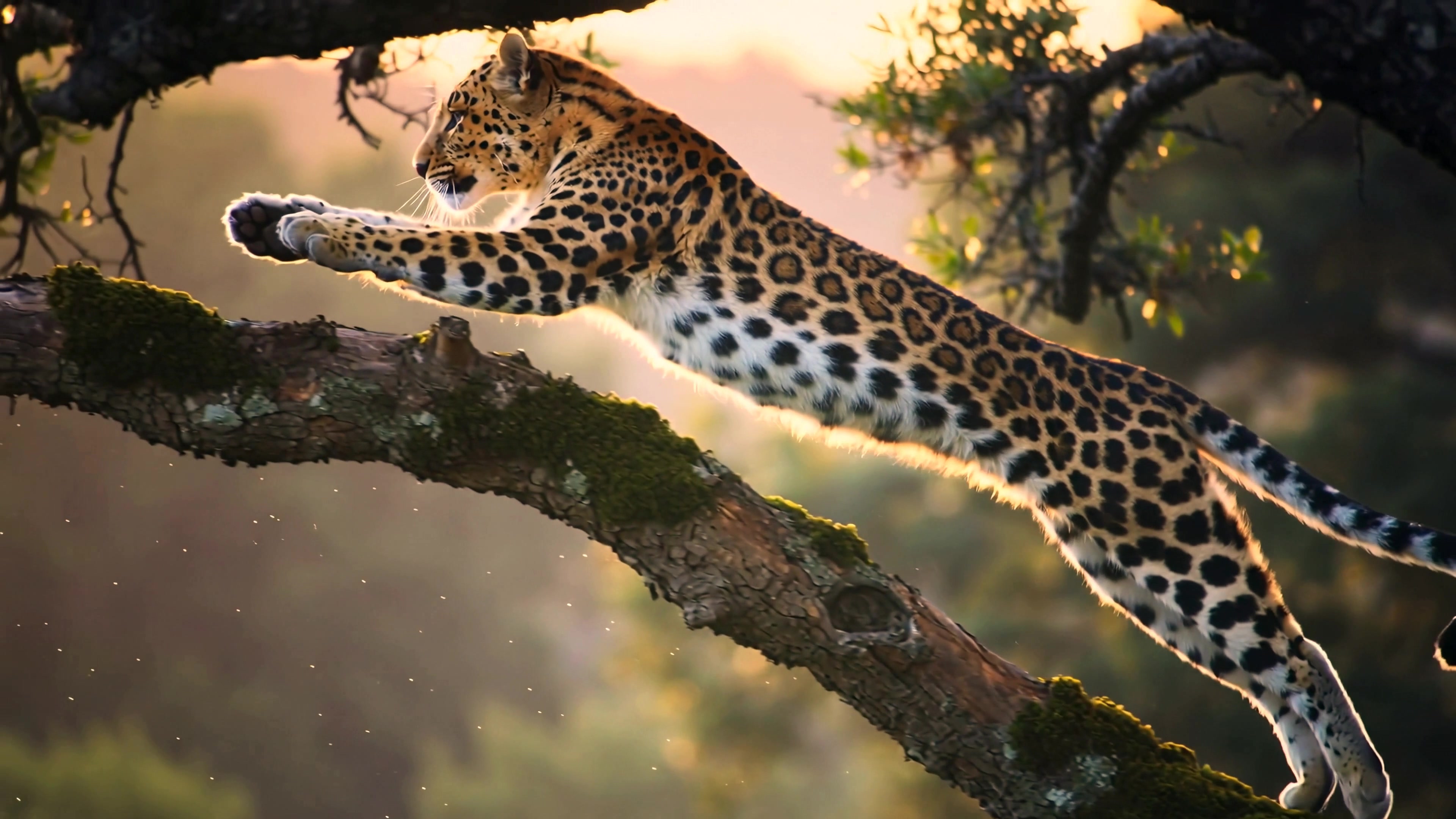 Leopard jumps between branches at sunset in wildlife setting