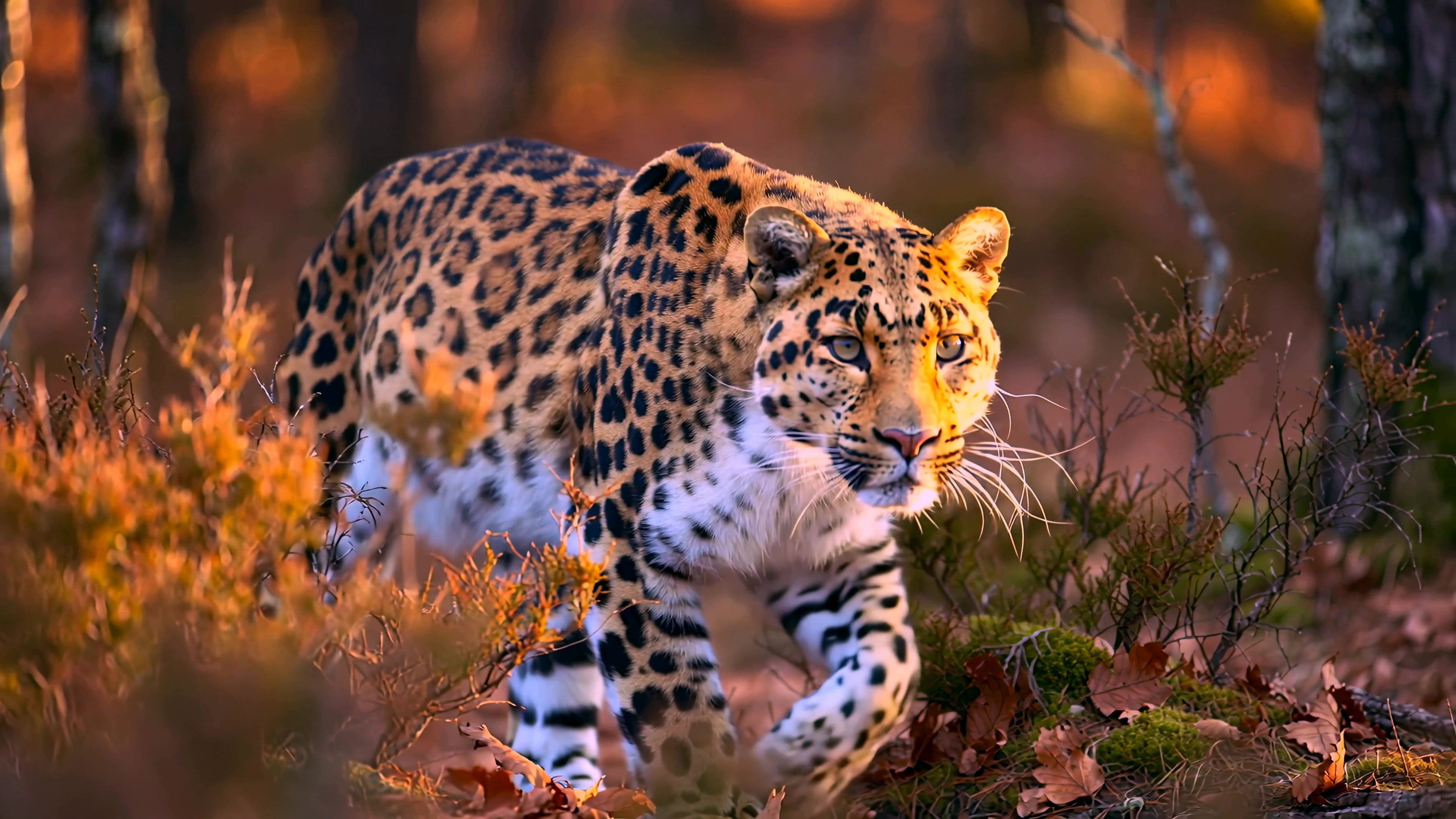 Leopard moves through a forest during the golden hour in autumn, showcasing its distinctive fur and keen gaze