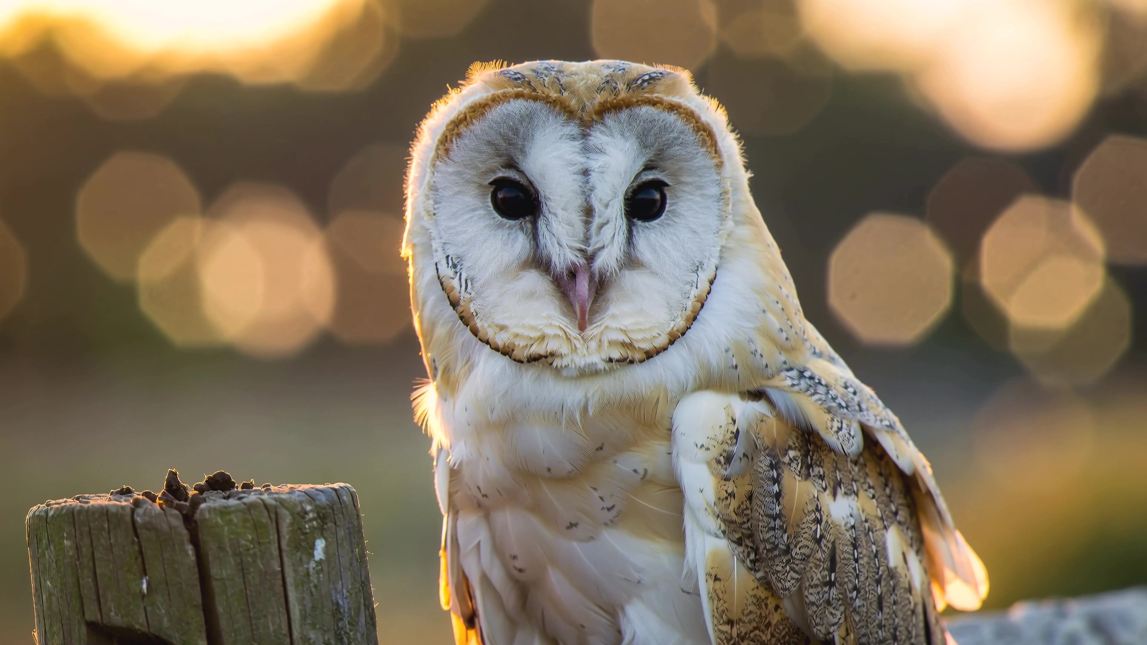 Barn owl sitting on a wooden post at sunset with blurred lights in the background