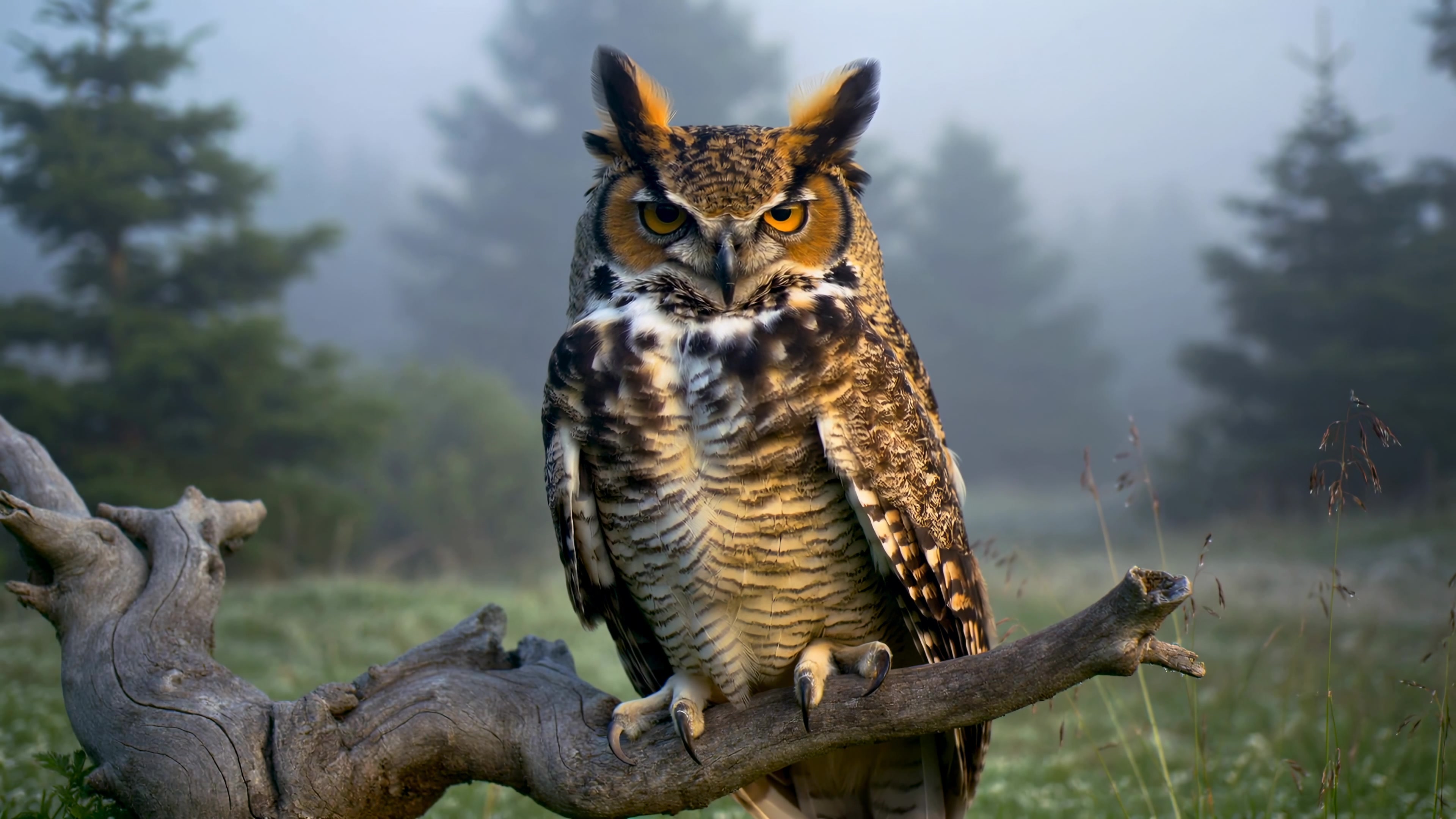 Great horned owl perched on branch in misty forest during early morning hours with pine trees in the background