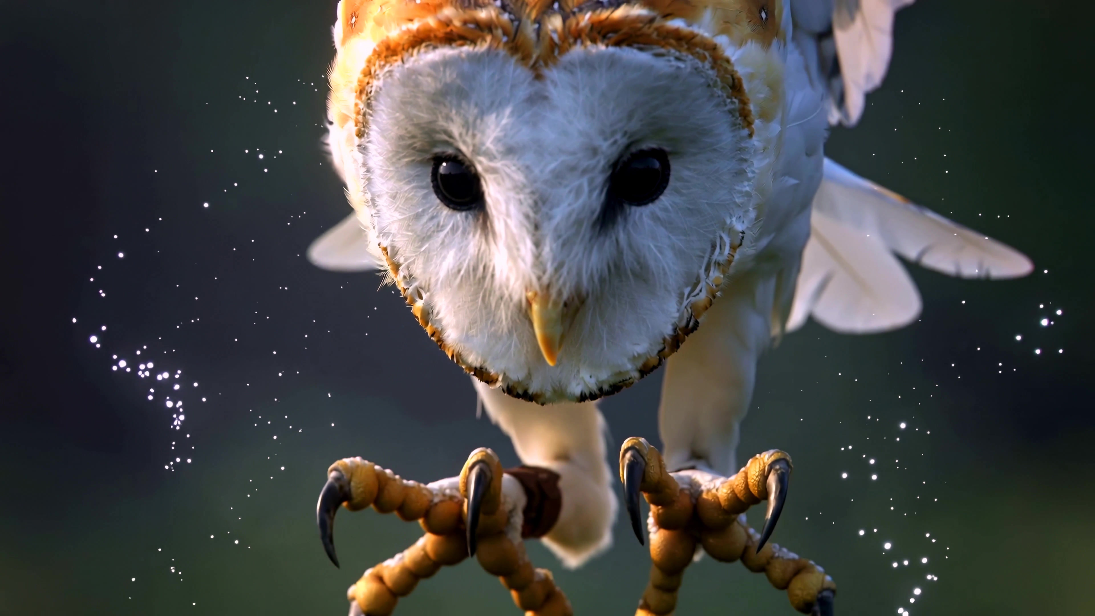 Owl flying in the night sky with stars and dark background during the evening hours