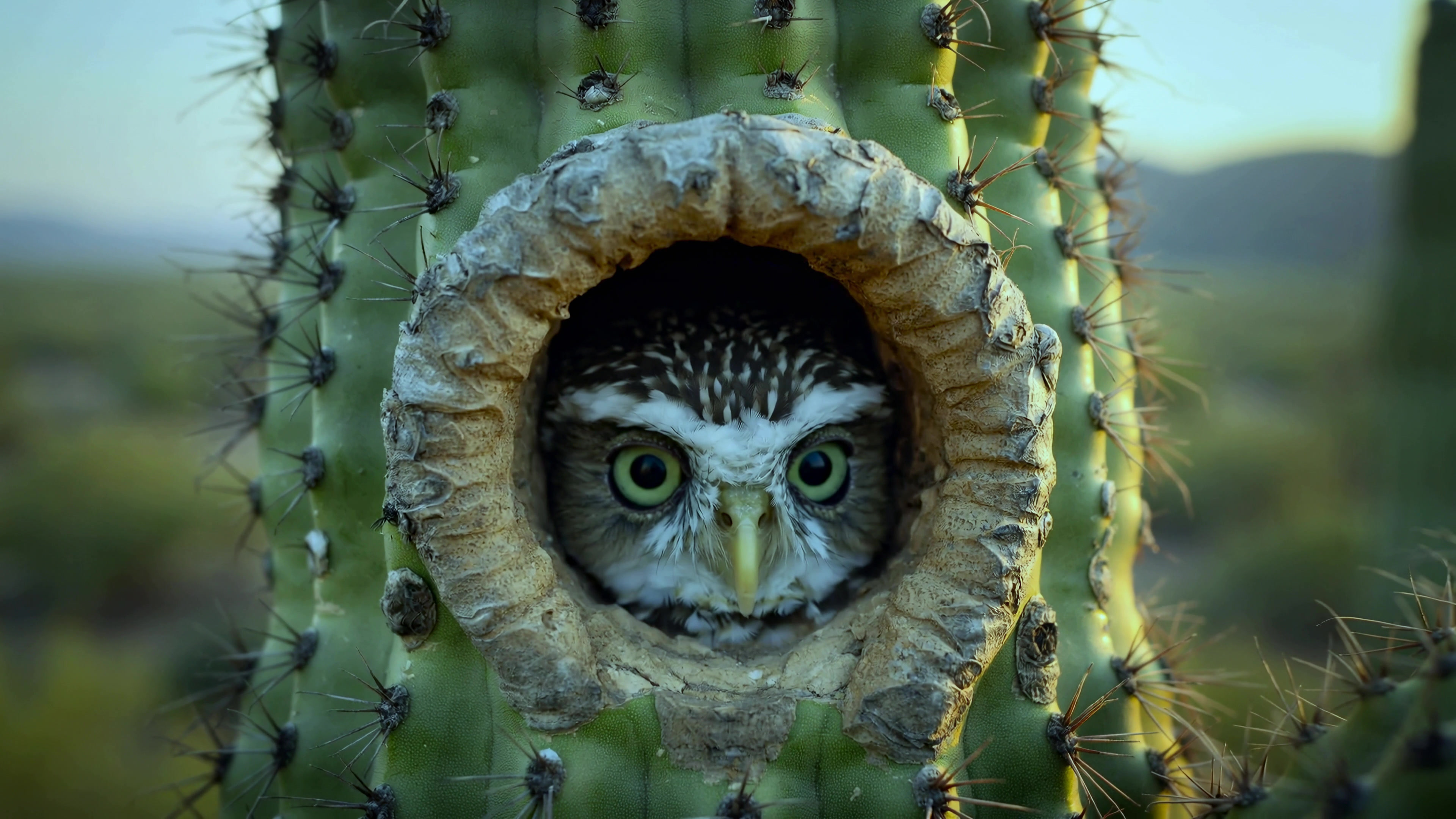 Owl sits in a cactus hole during the early morning in a desert landscape with soft light