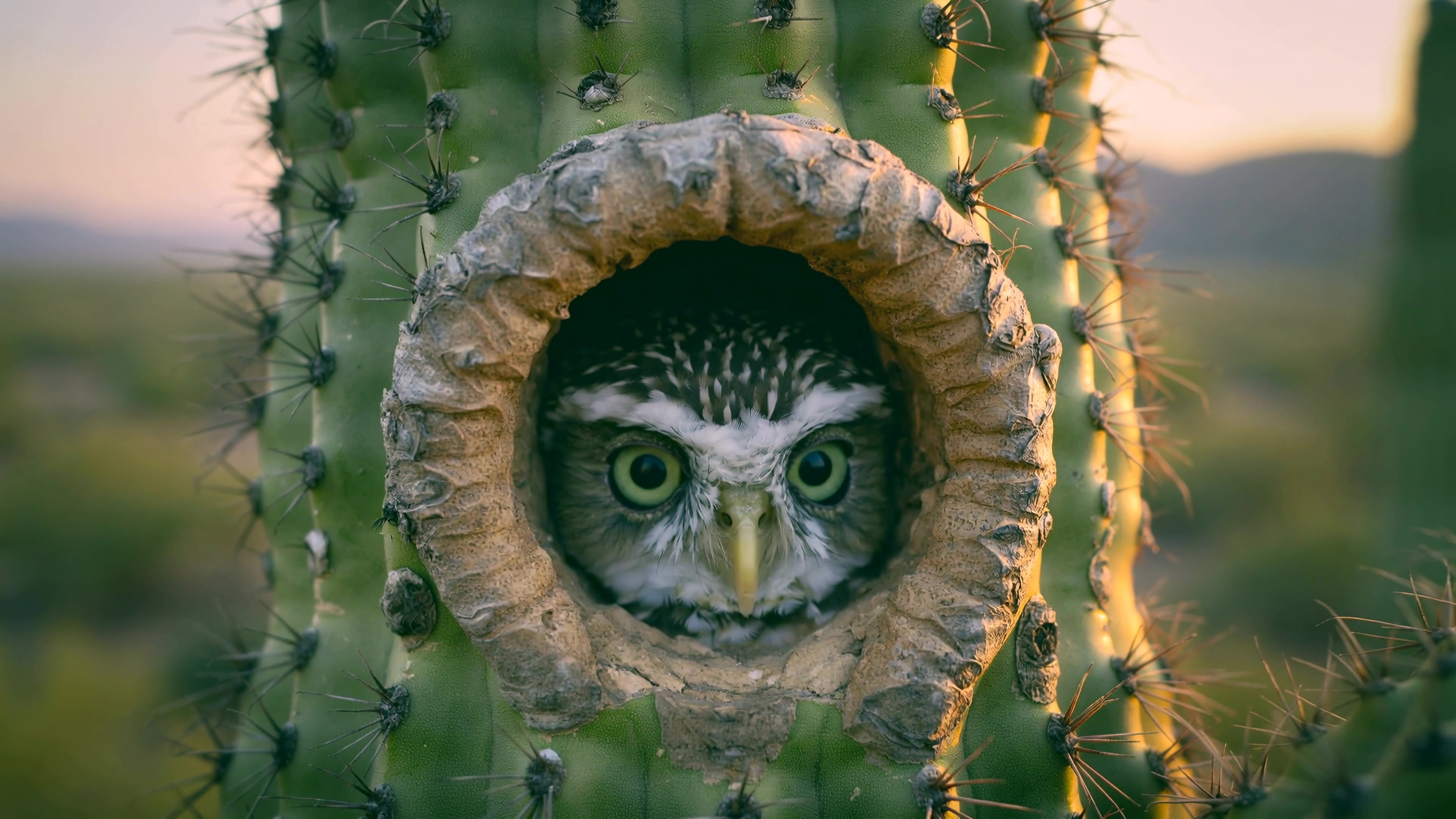 Owl watches from its home in a cactus during sunset in the desert landscape
