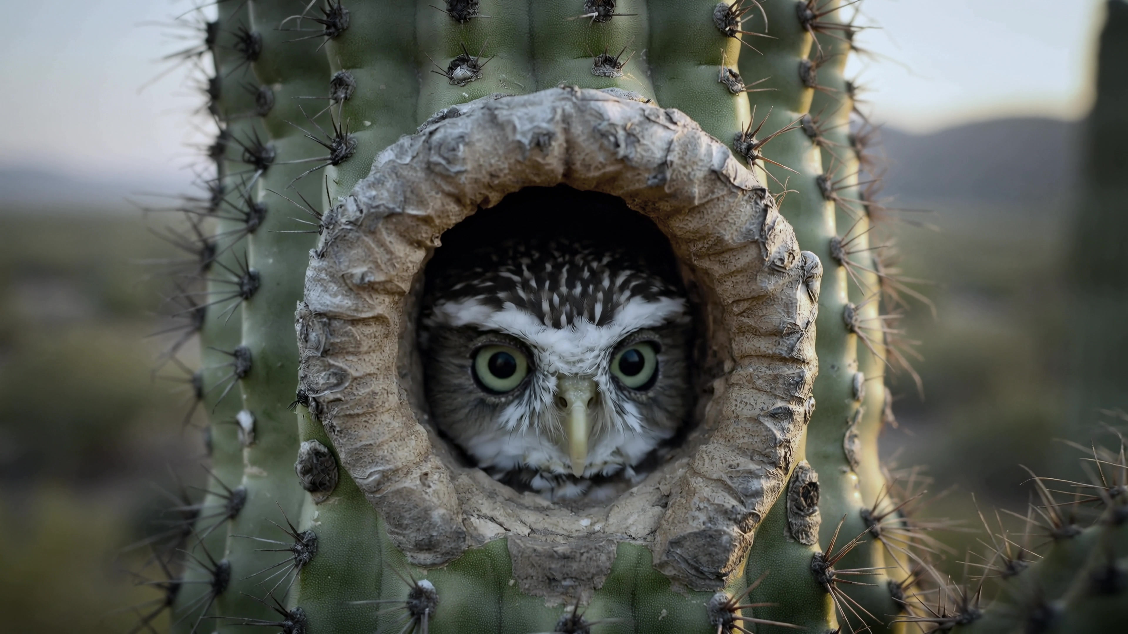 Owl looks out from the hole in a cactus in a desert landscape during sunset