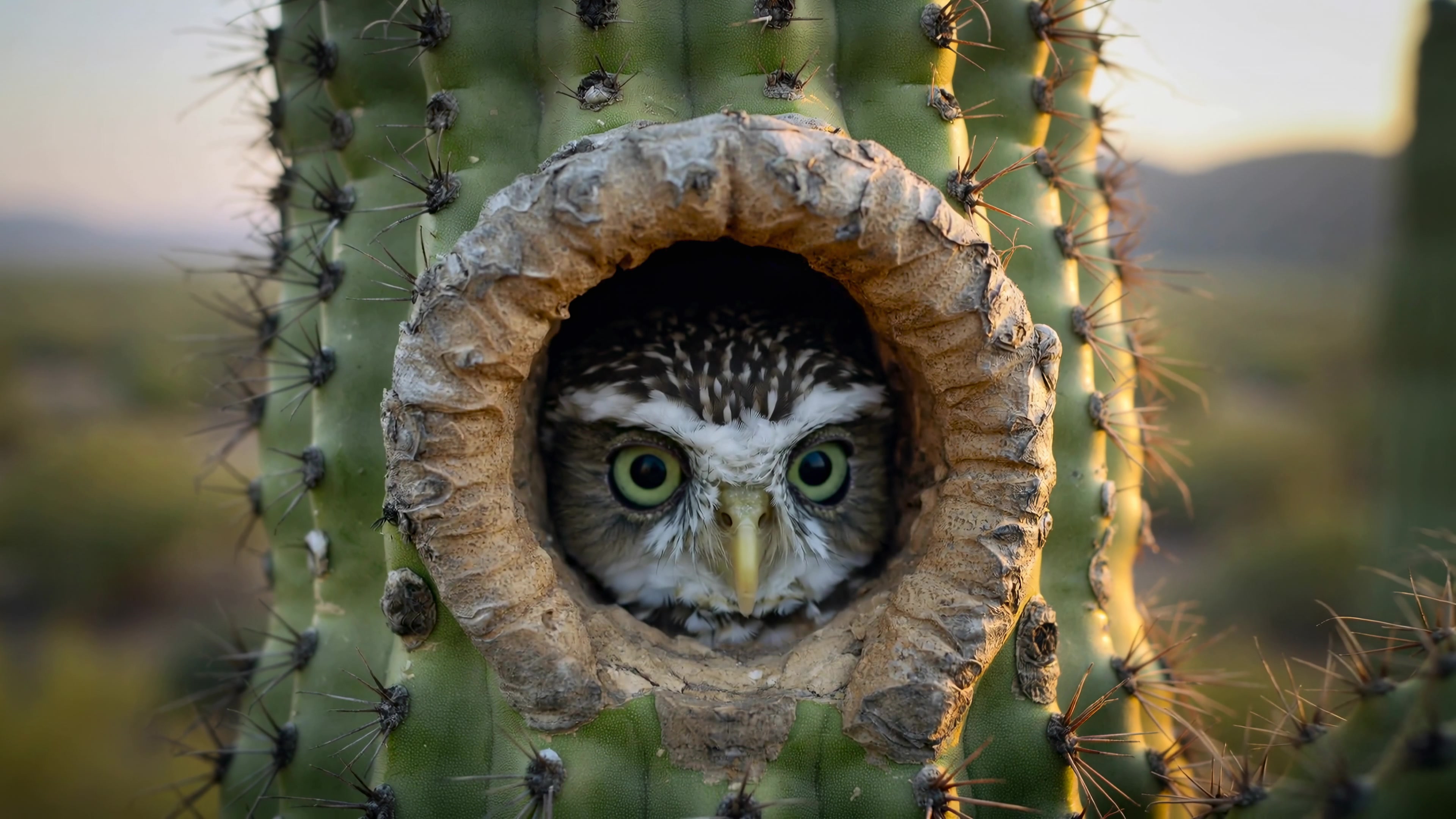 Owl peeking out from a cactus in the desert during sunset