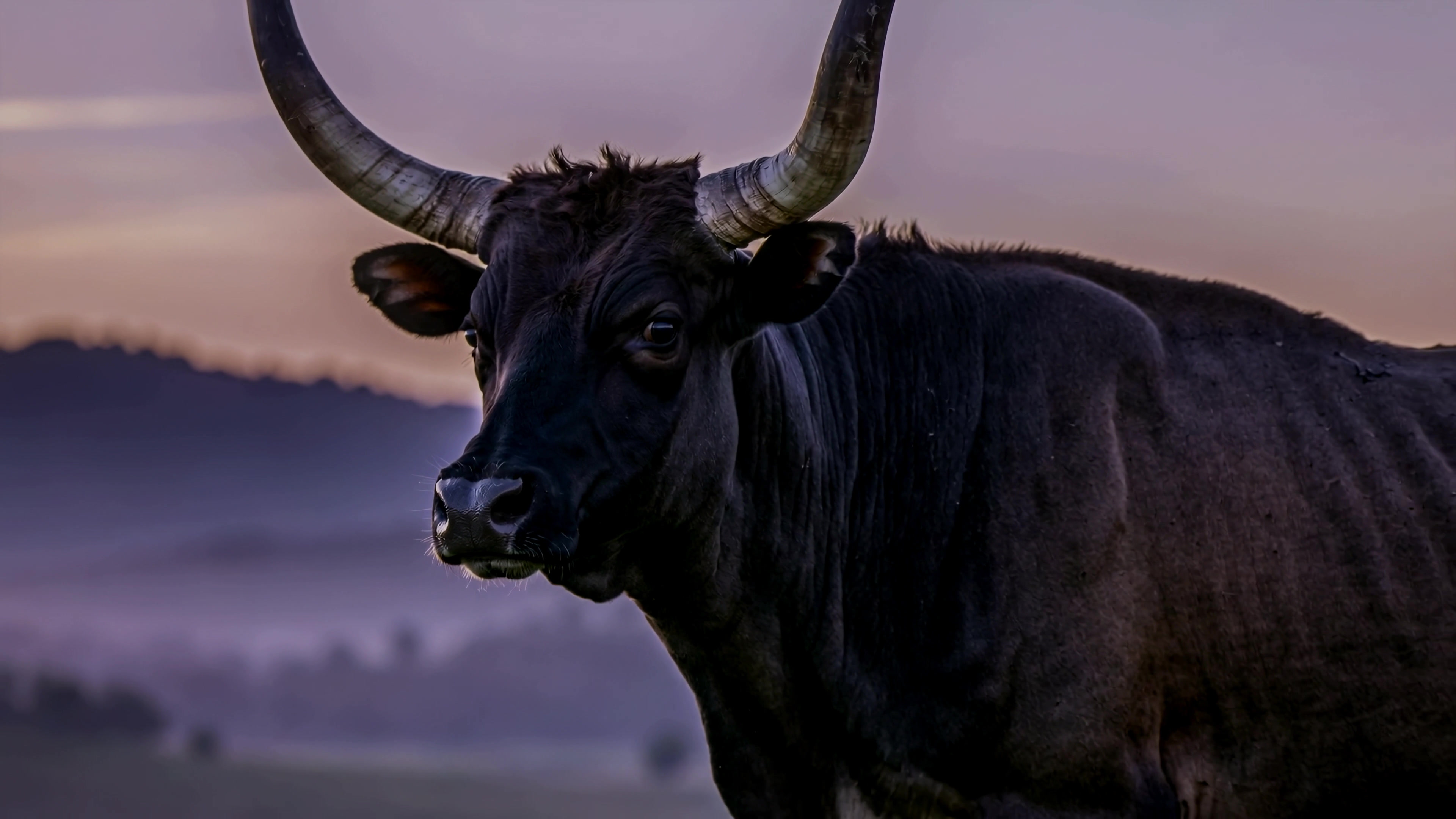 Bull stands in field at dawn with light casting shadows on its body and surrounding landscape
