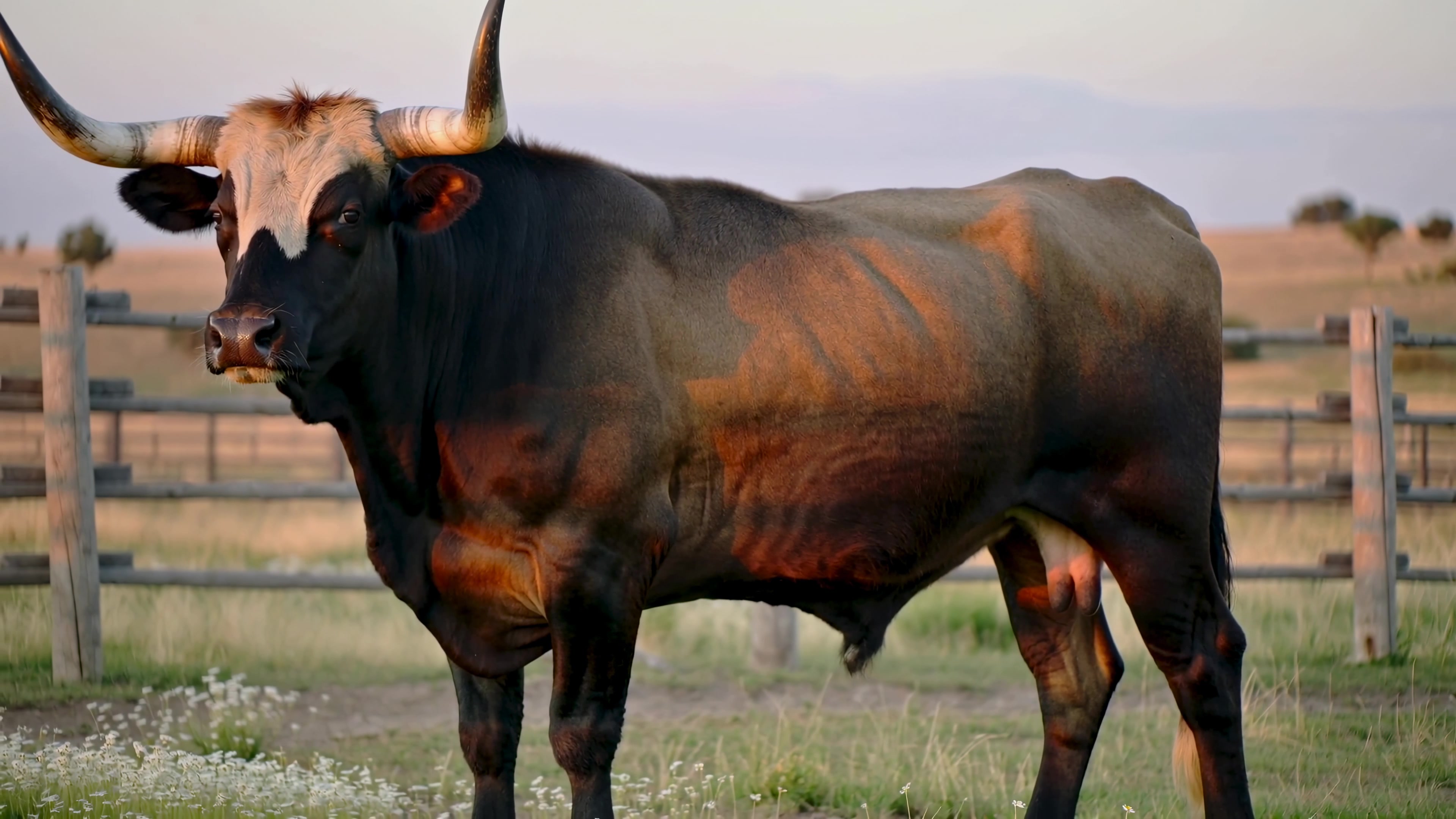 Bull standing in a pasture during sunset with wooden fence in the background