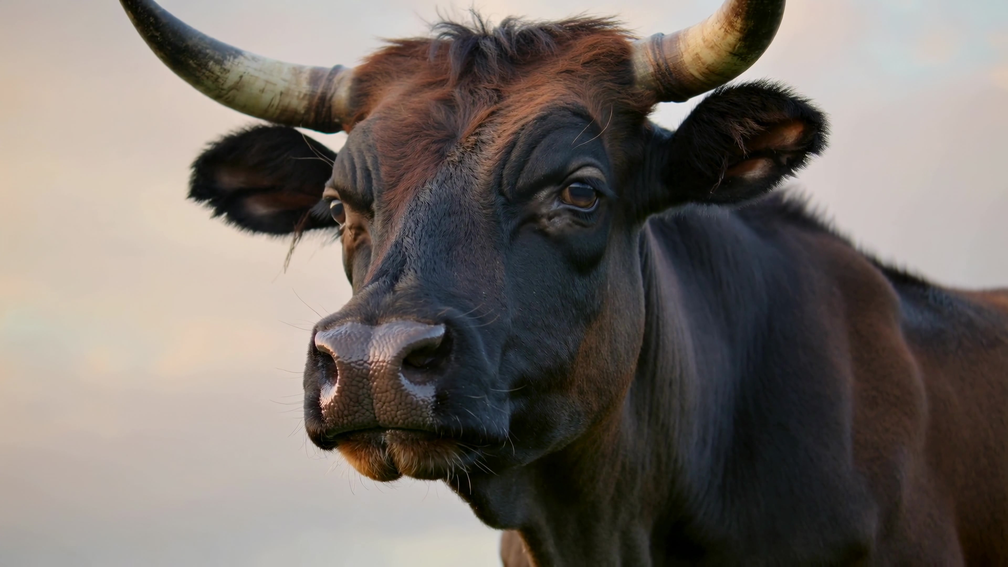 Cow standing in a field during evening hours near a farm