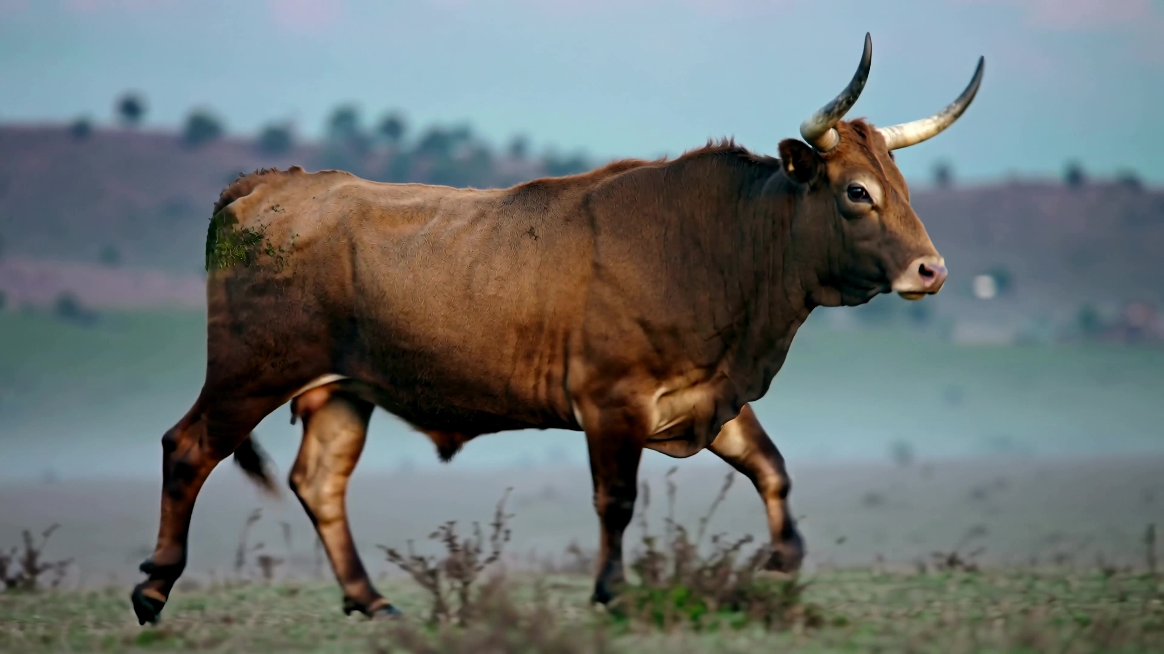 Cow walks through a field with hills in the background during early morning light