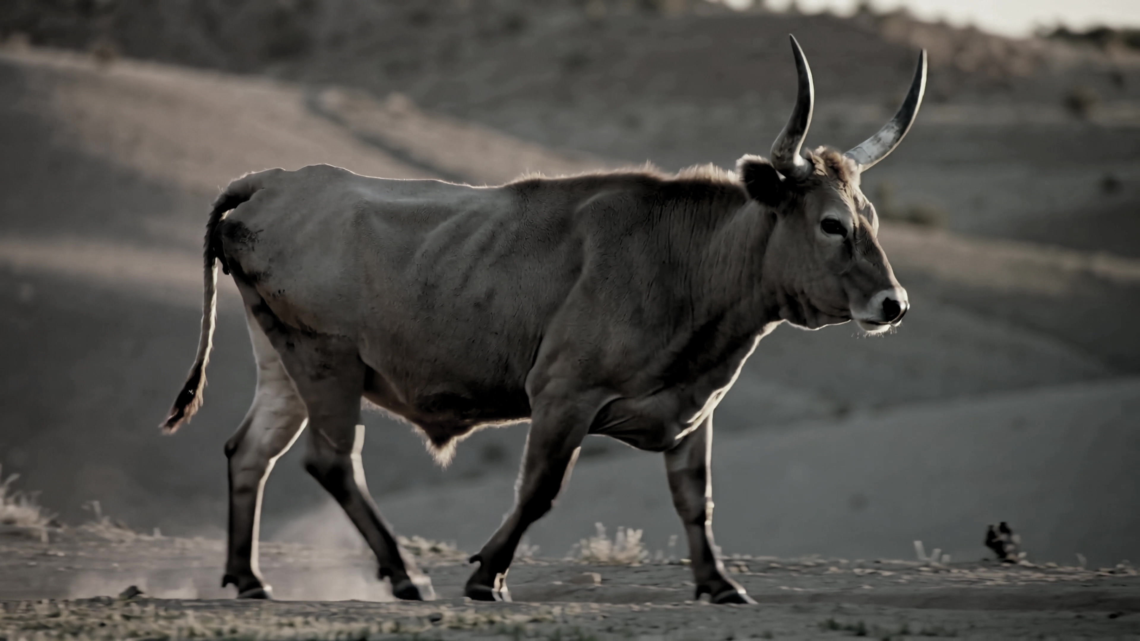 Cow walking on dry land under bright sunlight during afternoon in a rural area