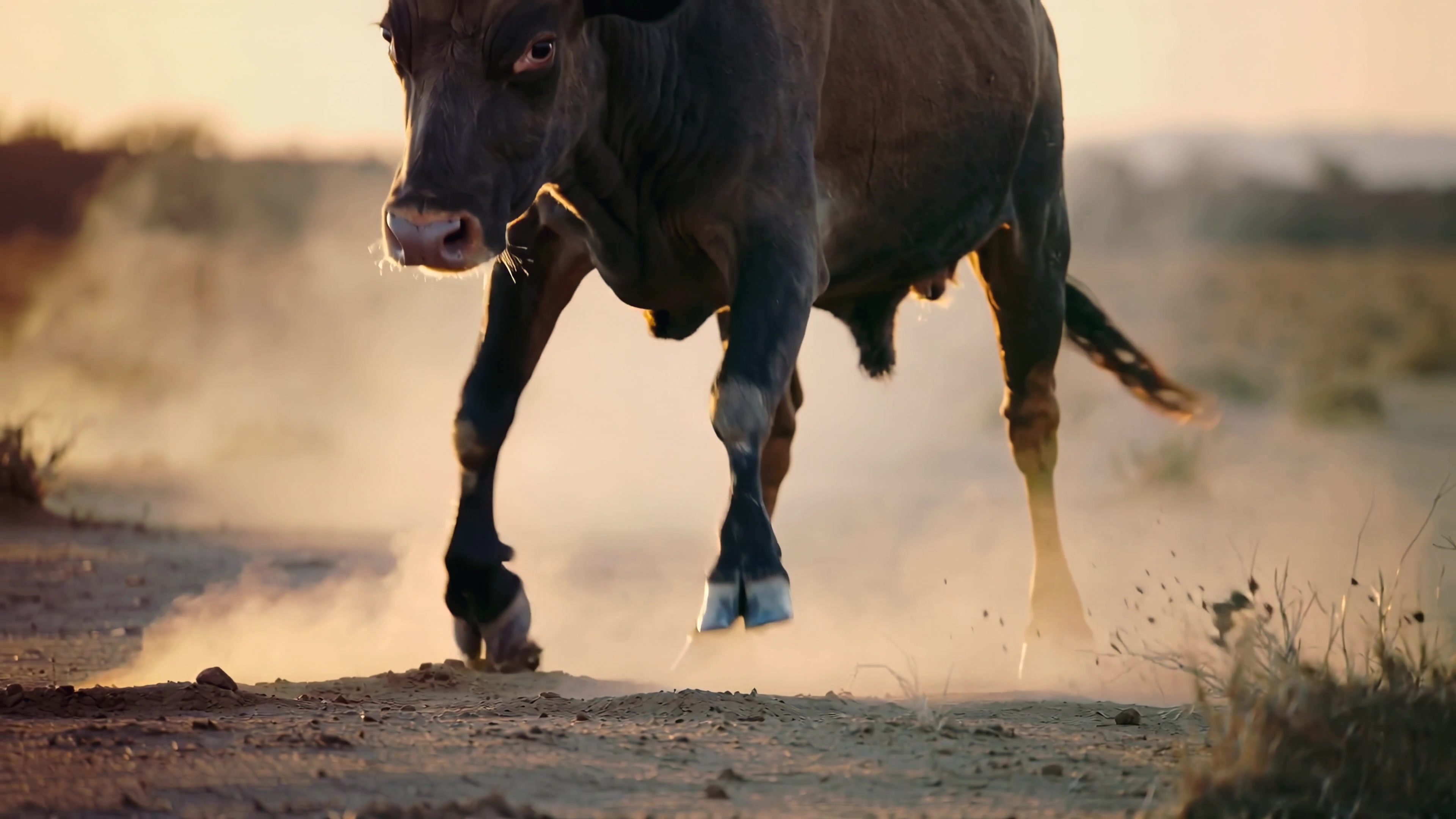 Cow kicks up dust on a dirt road during sunset at a rural location