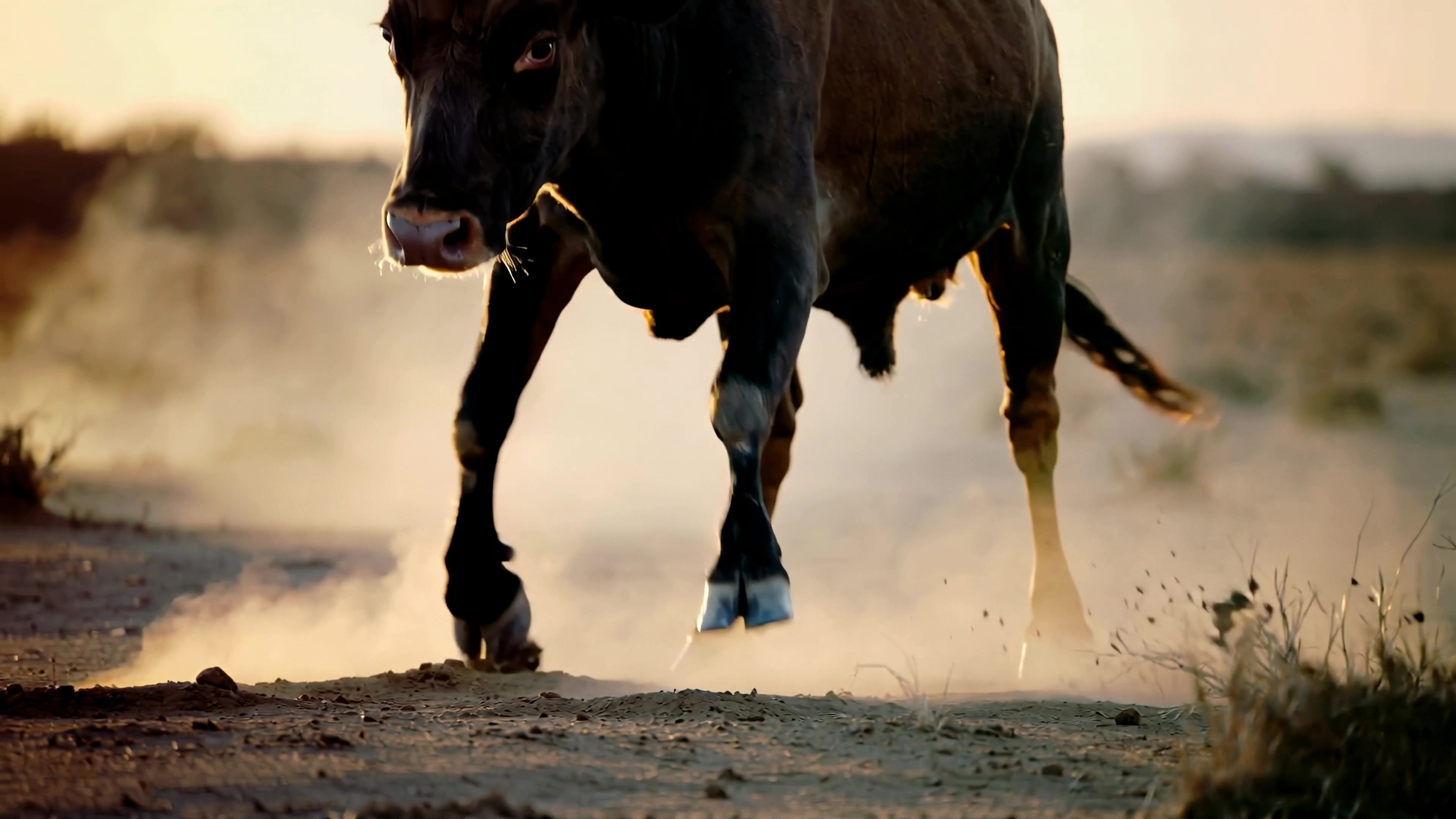 Bull walks on dirt road in the evening sun, raising dust and creating shadows in the open field