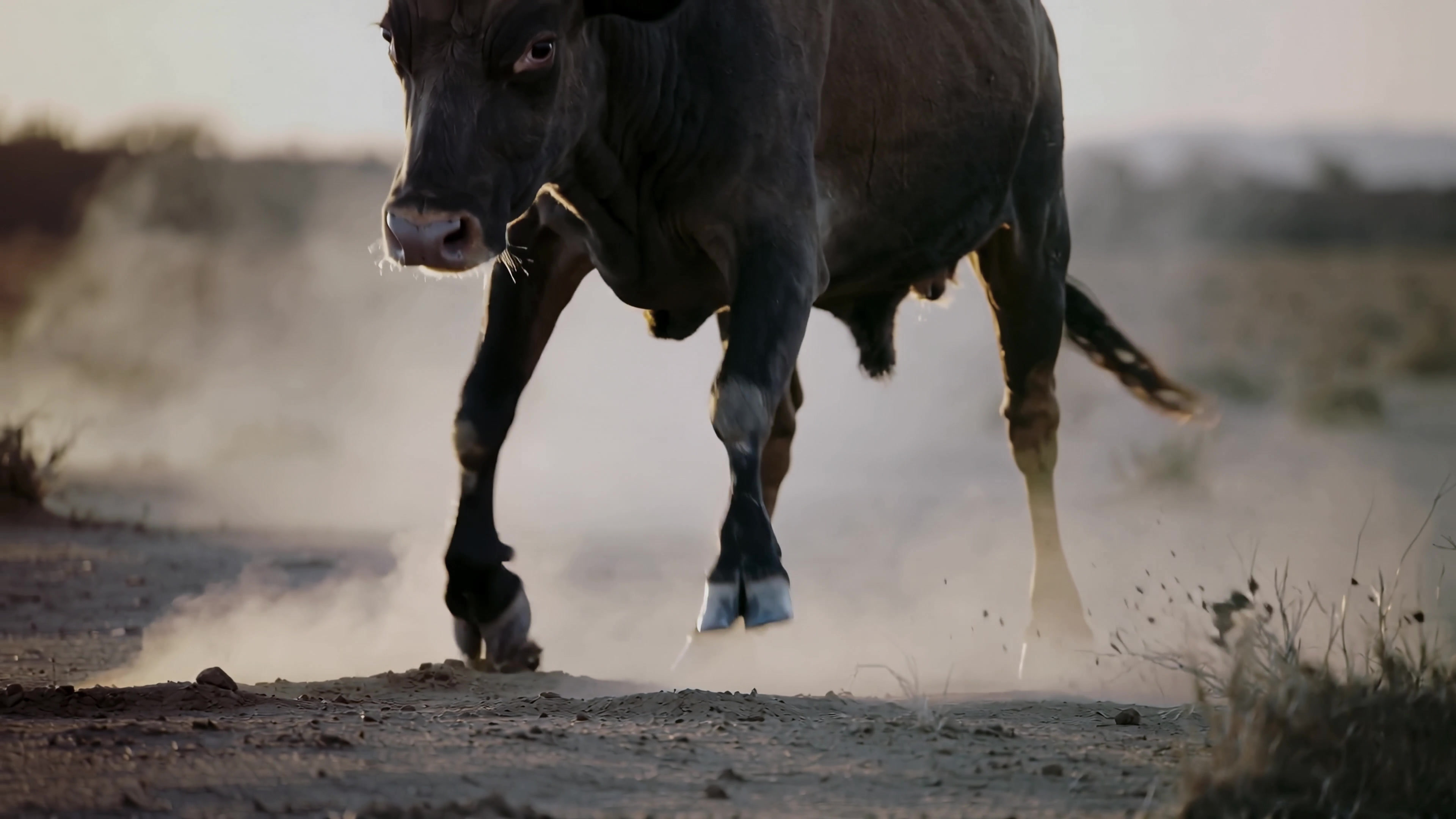 Cow walks on dirt road kicking up dust during sunset in open field