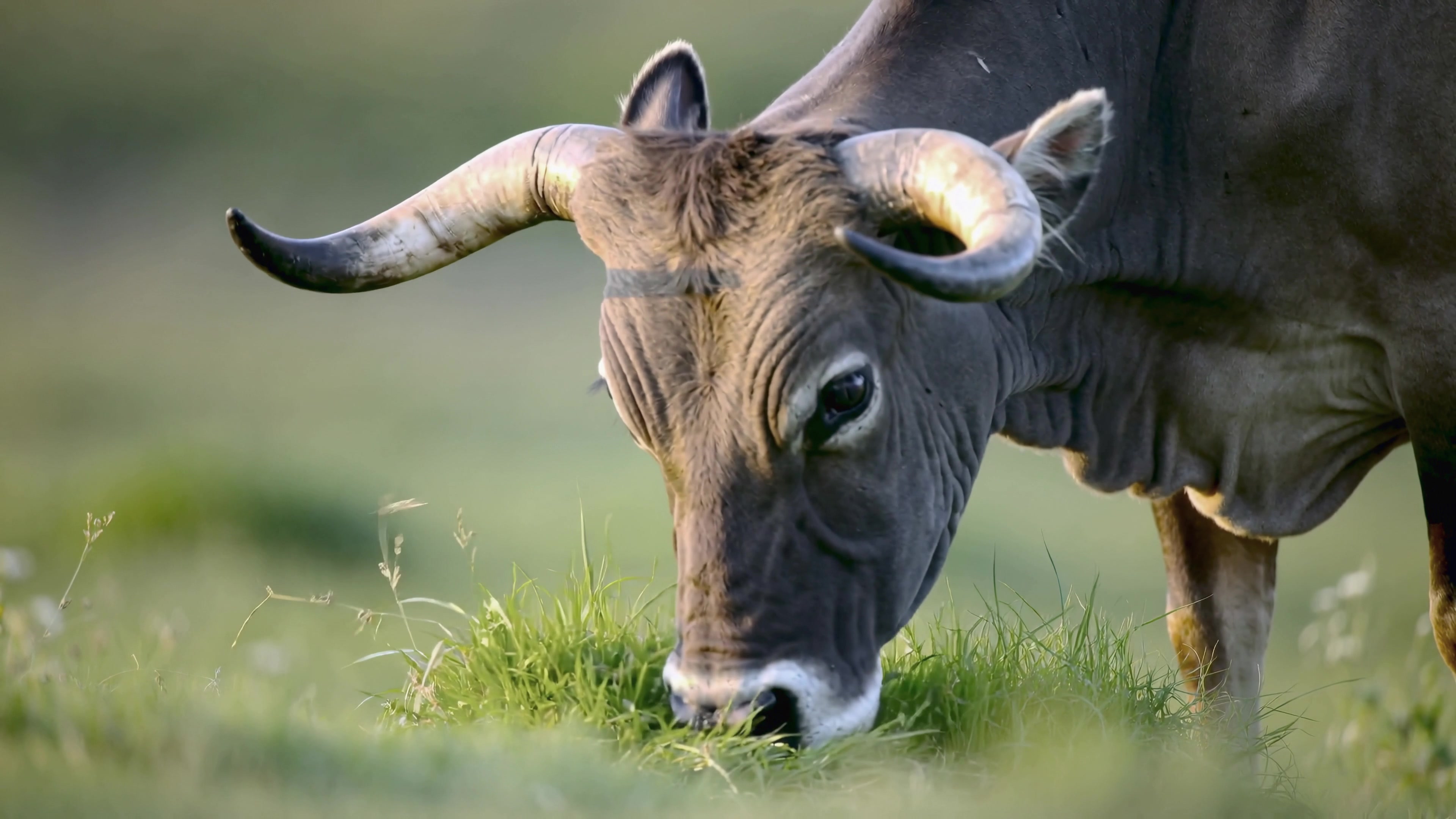 Cow grazes in a field during daylight hours in a rural area surrounded by grass and nature