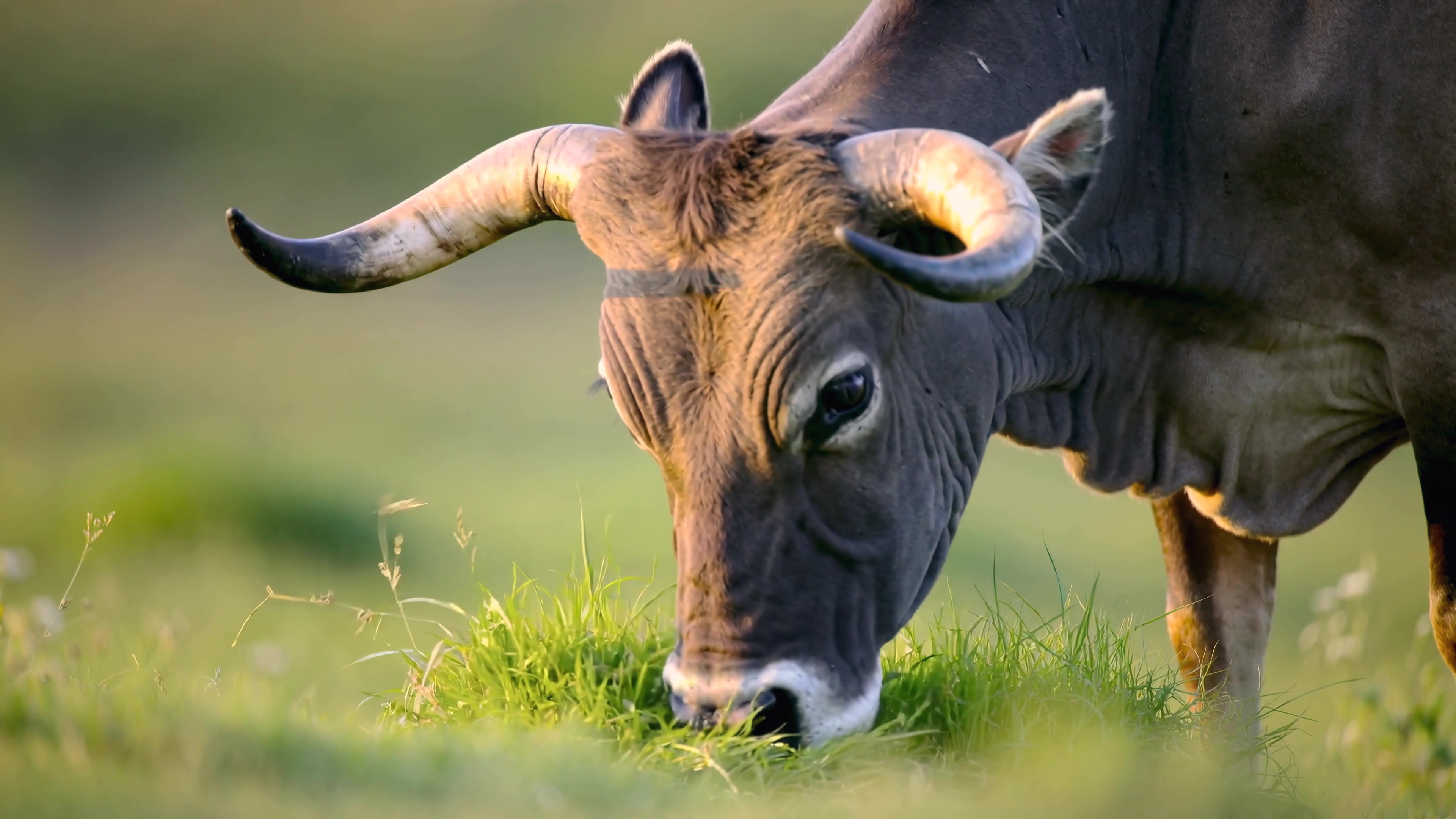 Cow grazes on grass in a green field during the day in a rural area surrounded by nature and open space