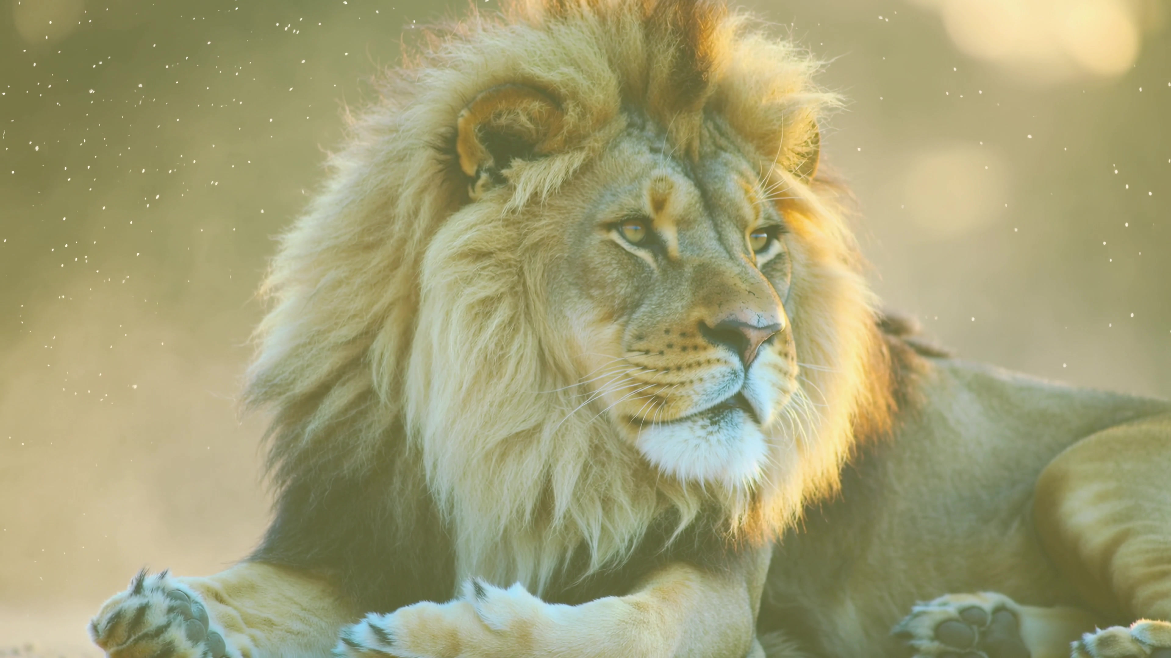 Lion rests in the grass during golden hour in the wild