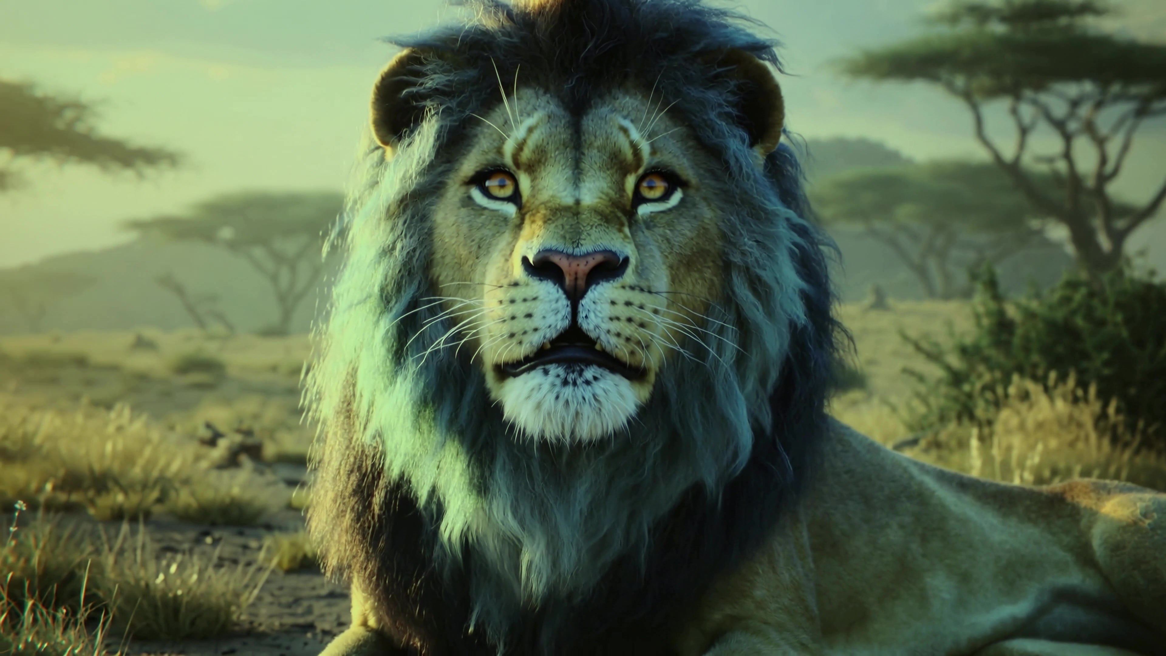 Lion resting in the wild with a backdrop of trees and grass under a clear sky